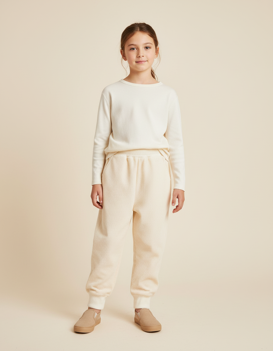 Pantalon Baggy Côtelé Écru Ample Confortable Fille - Beige Cordé