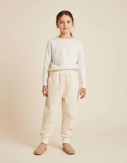 Pantalon Baggy Côtelé Écru Ample Confortable Fille - Beige Cordé