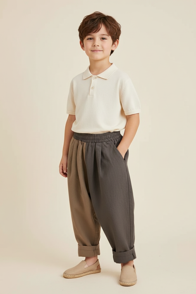 Pantalon Baggy Bicolore Ample Plissé Décontracté Enfant - Multicolore Lin