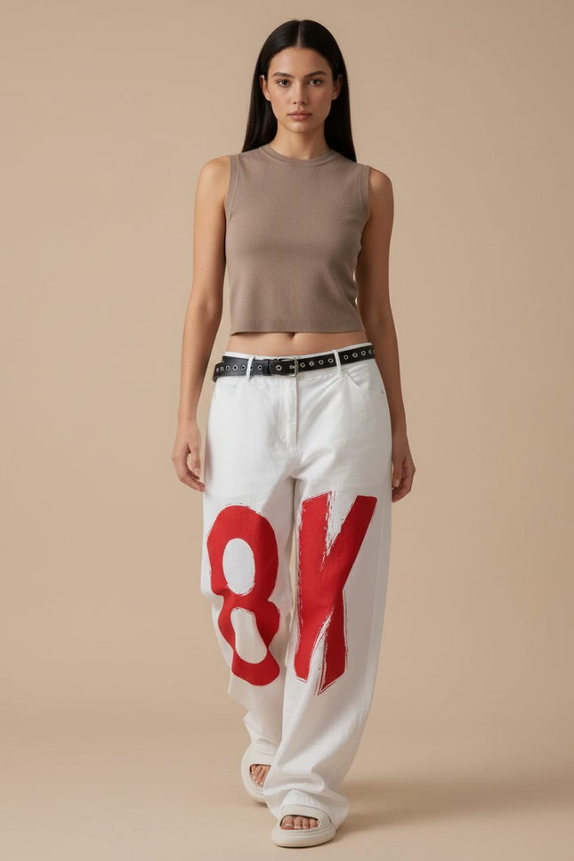 Pantalon Baggy Blanc Imprimé Rouge Décontracté Large - Toile