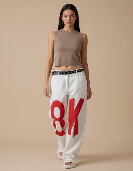 Pantalon Baggy Blanc Imprimé Rouge Décontracté Large - Toile