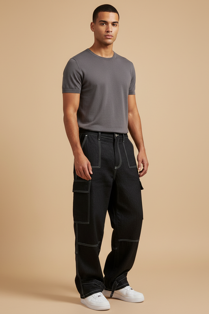 Pantalon Baggy Noir Denim Décontracté Couture Blanche Homme - Jean