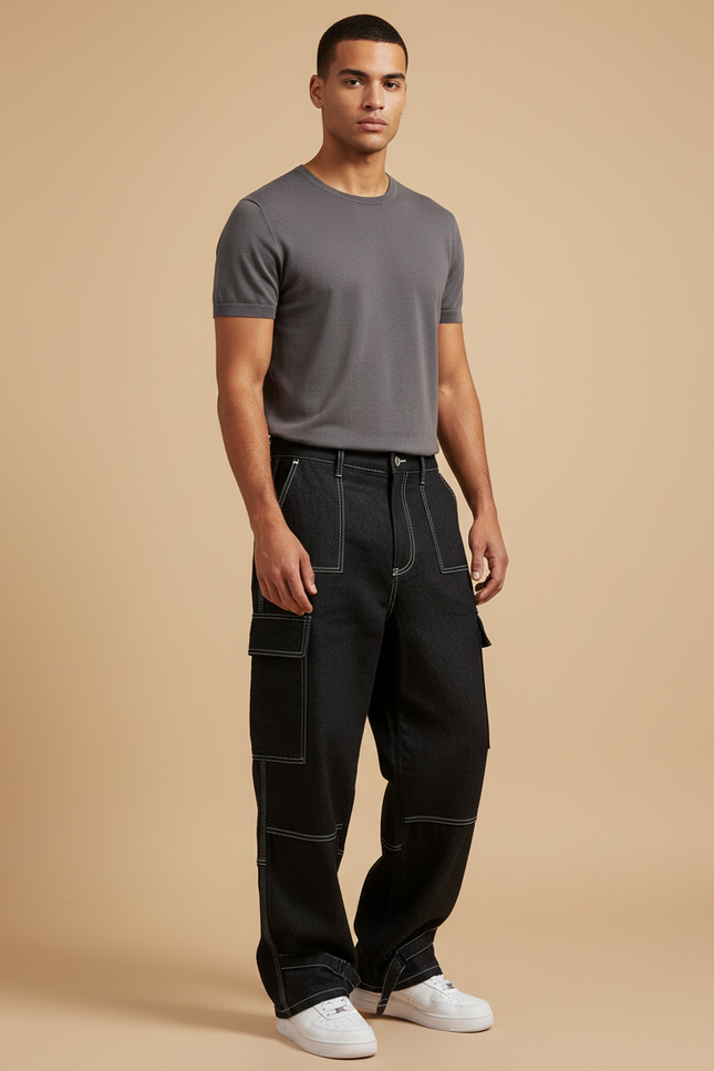 Pantalon Baggy Noir Denim Décontracté Couture Blanche Homme - Jean