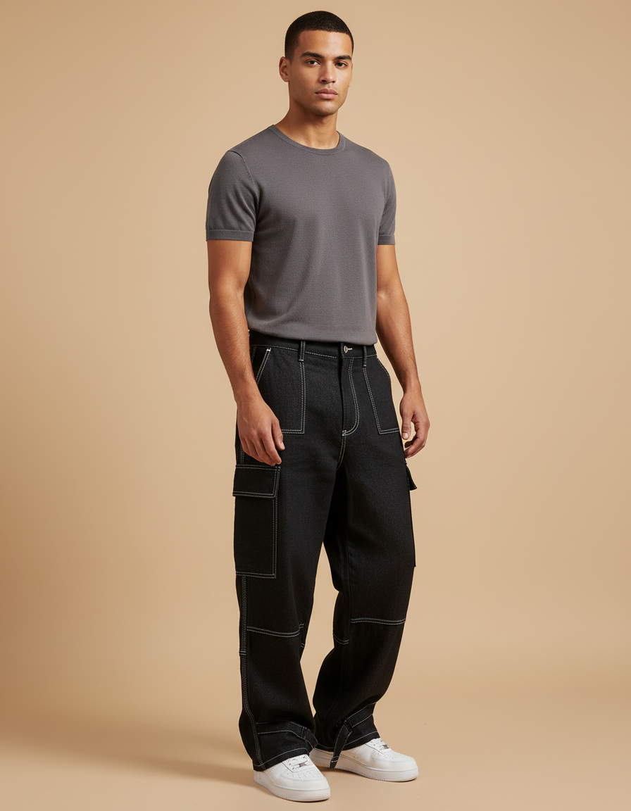 Pantalon Baggy Noir Denim Décontracté Couture Blanche Homme - Jean