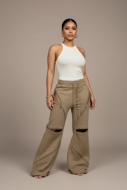 Pantalon Baggy Kaki Zippé Ouvert Décontracté Ample - Molleton