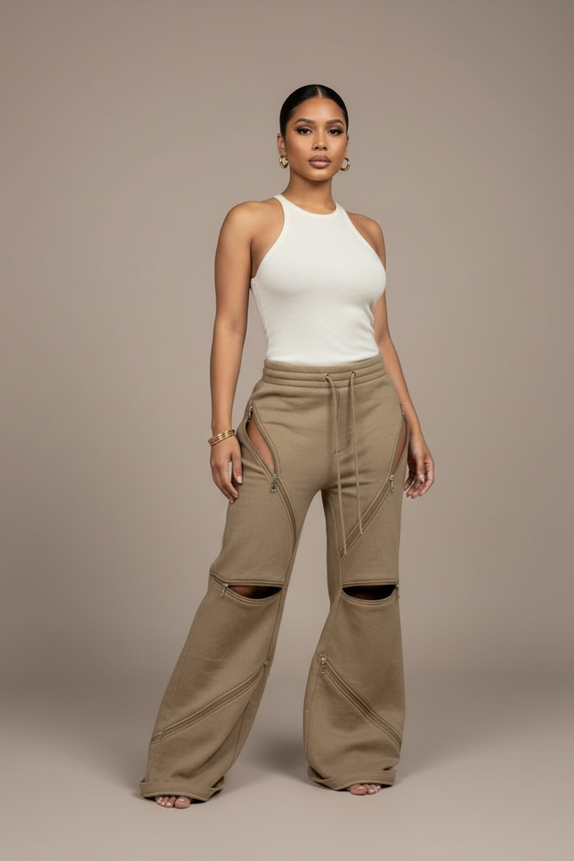 Pantalon Baggy Kaki Zippé Ouvert Décontracté Ample - Molleton