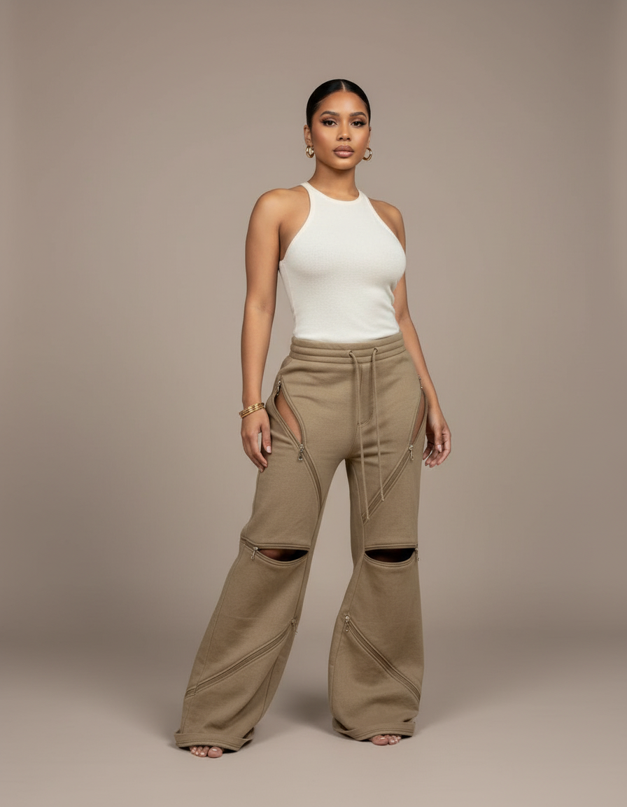 Pantalon Baggy Kaki Zippé Ouvert Décontracté Ample - Molleton