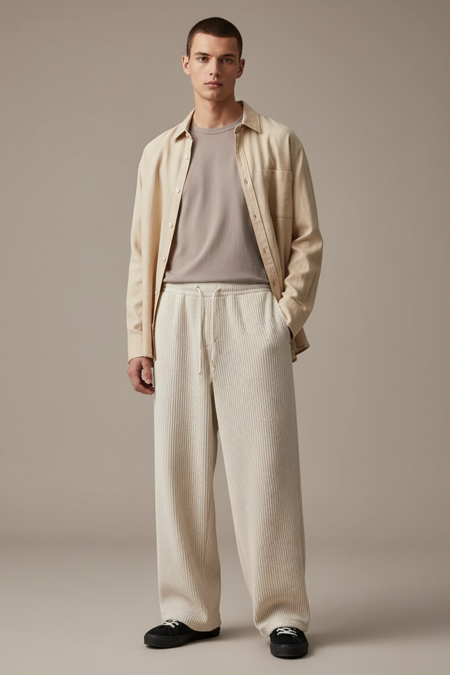 Pantalon Baggy Crème Côtelé Ample Décontracté Homme - Beige Cordé