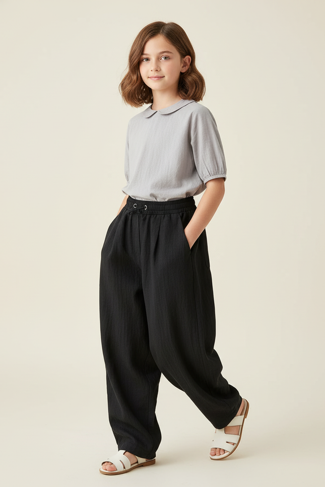 Pantalon Baggy Noir Lin Ample Décontracté Fille