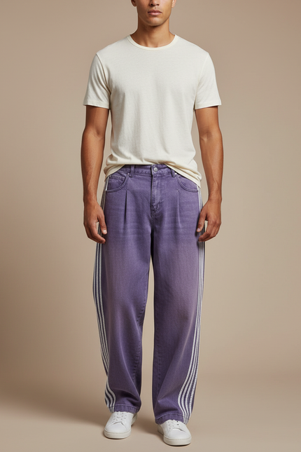 Pantalon Baggy Violet Droit Rayures Décontracté Homme - Jean