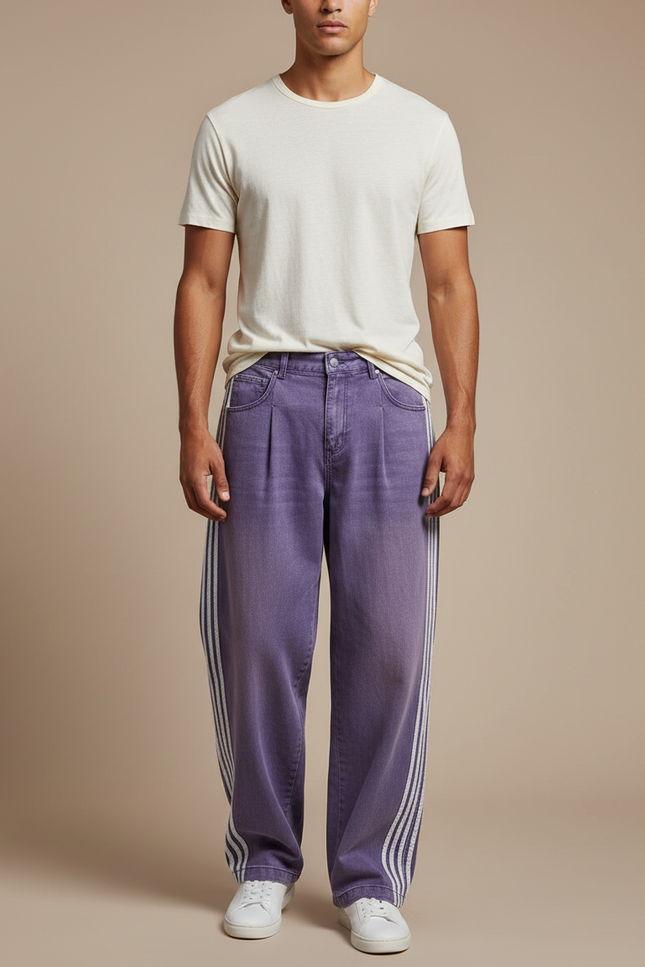 Pantalon Baggy Violet Droit Rayures Décontracté Homme - Jean