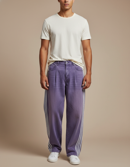 Pantalon Baggy Violet Droit Rayures Décontracté Homme - Jean