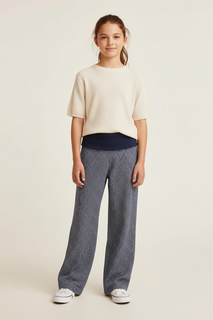 Pantalon Baggy Bleu Marine Rayé Ample Confortable Fille - Maille