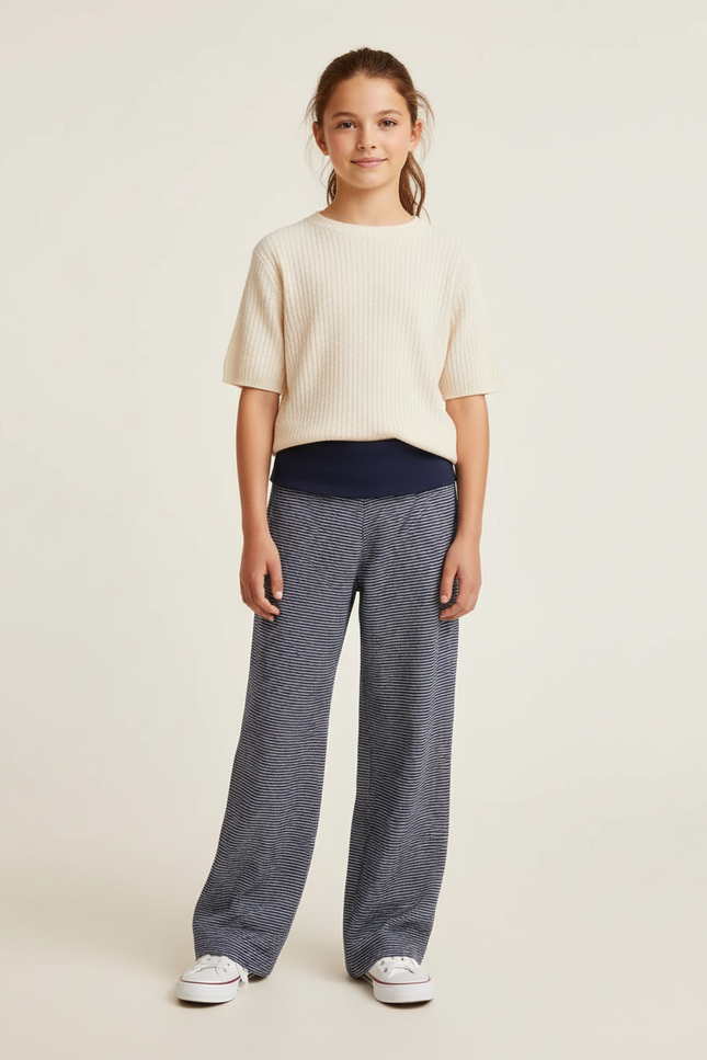 Pantalon Baggy Bleu Marine Rayé Ample Confortable Fille - Maille