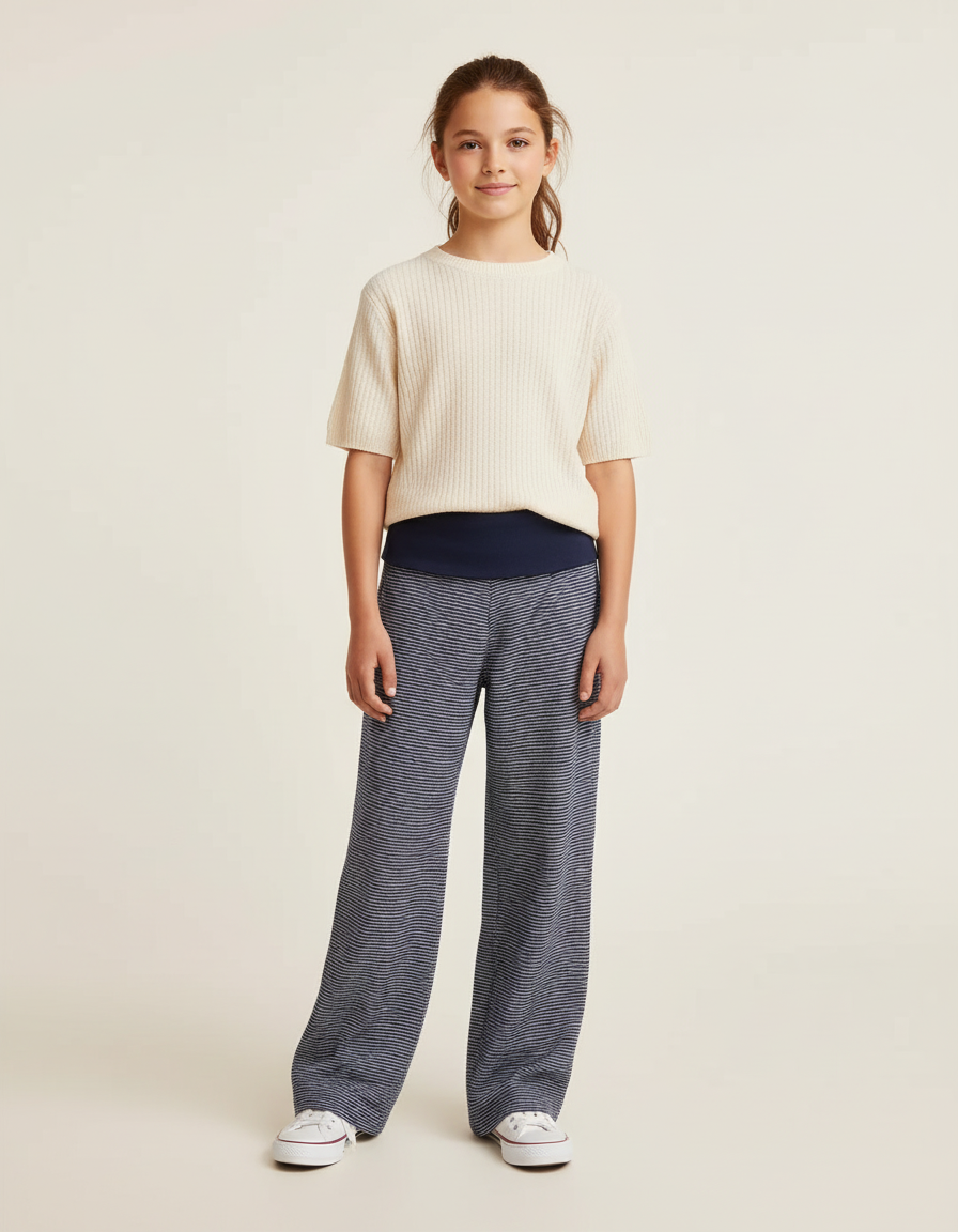 Pantalon Baggy Bleu Marine Rayé Ample Confortable Fille - Maille