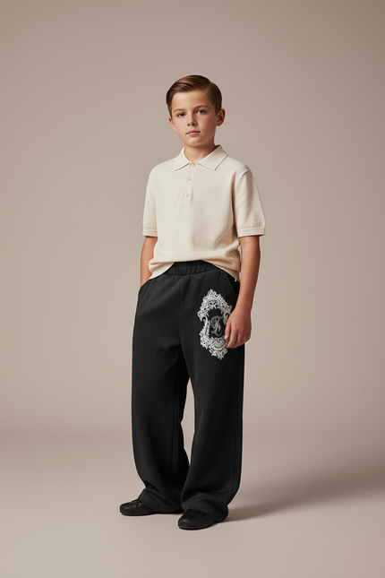 Pantalon Baggy Noir Ample Imprimé Décontracté Enfant - Molleton