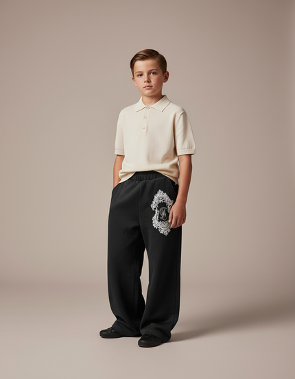 Pantalon Baggy Noir Ample Imprimé Décontracté Enfant - Molleton