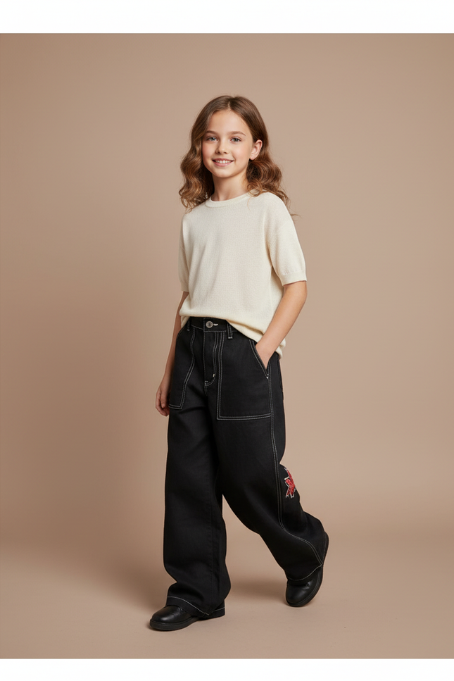 Pantalon Baggy Noir Brodé Ample Décontracté Enfant - Jean