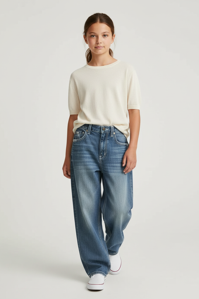 Pantalon Baggy Jean Ample Délavé Large Femme - Bleu