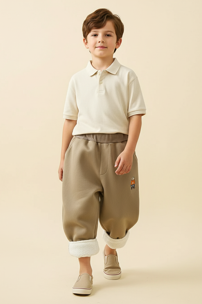 Pantalon Baggy Kaki Molletonné Chaud Enfant Brodé