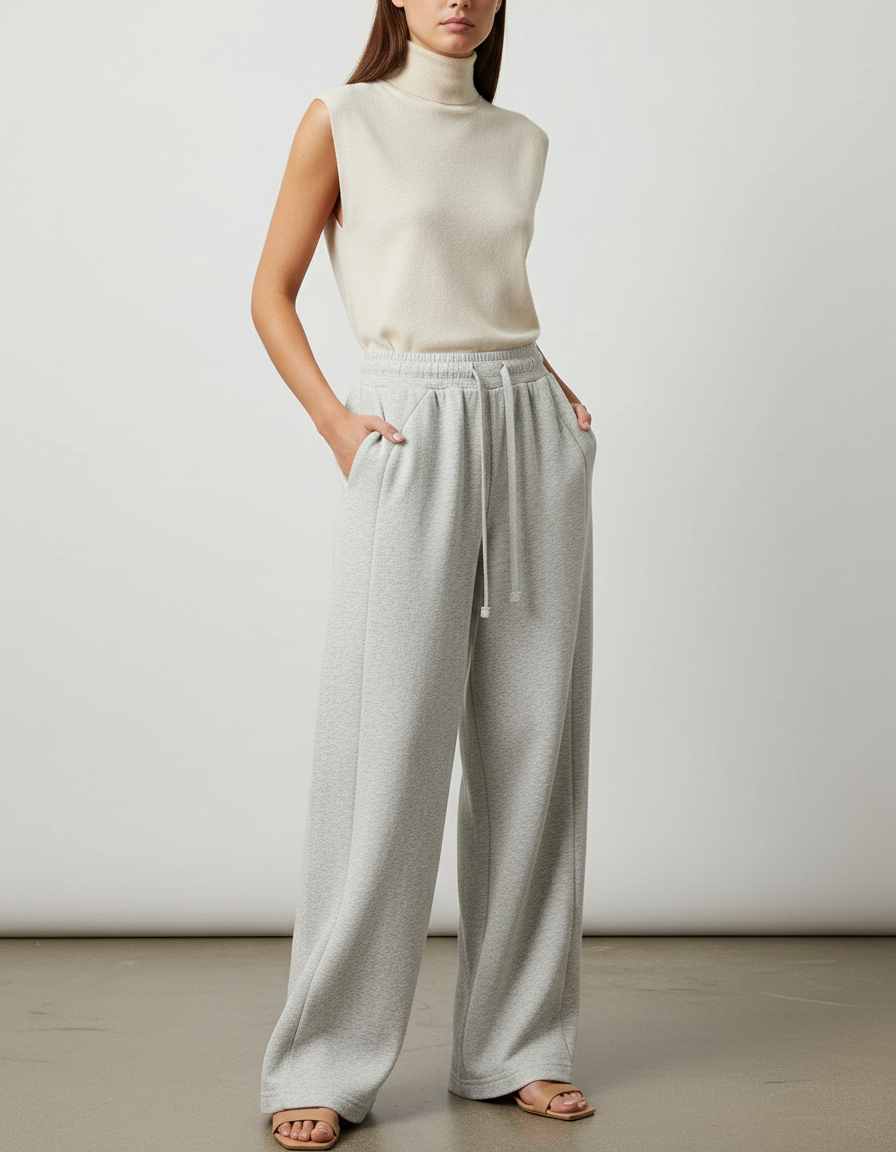 Pantalon Baggy Gris Clair Ample Décontracté Fluide Femme - Molleton