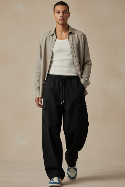 Pantalon Baggy Noir Ample Cargo Cordon Décontracté - Toile