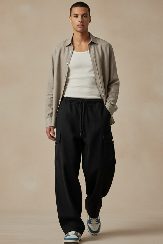 Pantalon Baggy Noir Ample Cargo Cordon Décontracté - Toile