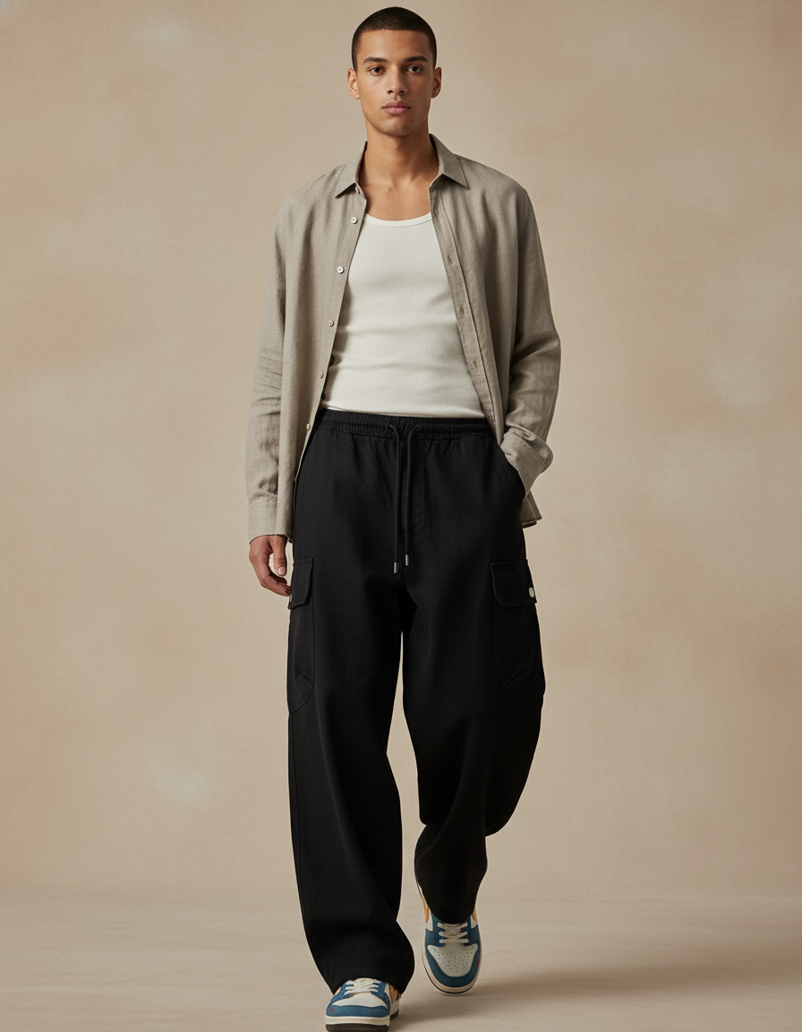 Pantalon Baggy Noir Ample Cargo Cordon Décontracté - Toile