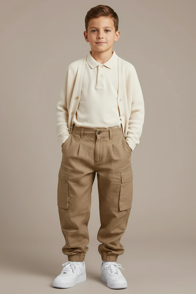 Pantalon Baggy Kaki Cargo Plissé Coton Enfant