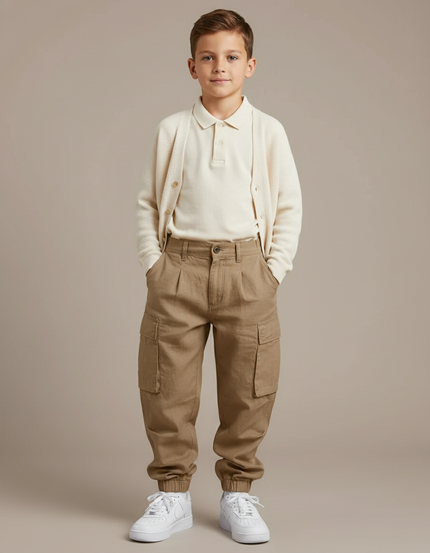 Pantalon Baggy Kaki Cargo Plissé Coton Enfant