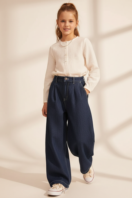 Pantalon Baggy Jean Ample Bleu Fille - Marine