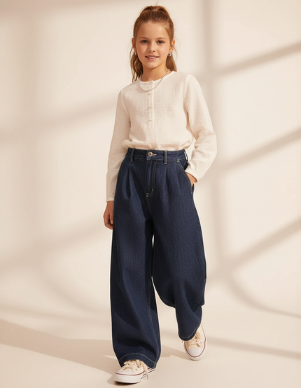 Pantalon Baggy Jean Ample Bleu Fille - Marine