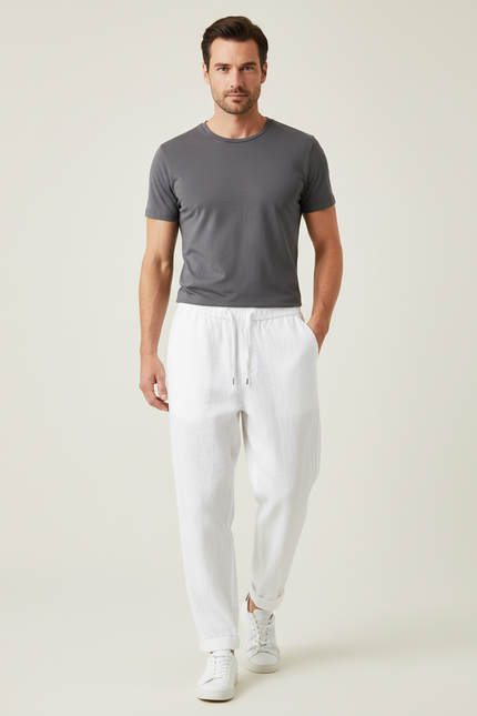 Pantalon Baggy Blanc Lin Cordon Décontracté Homme