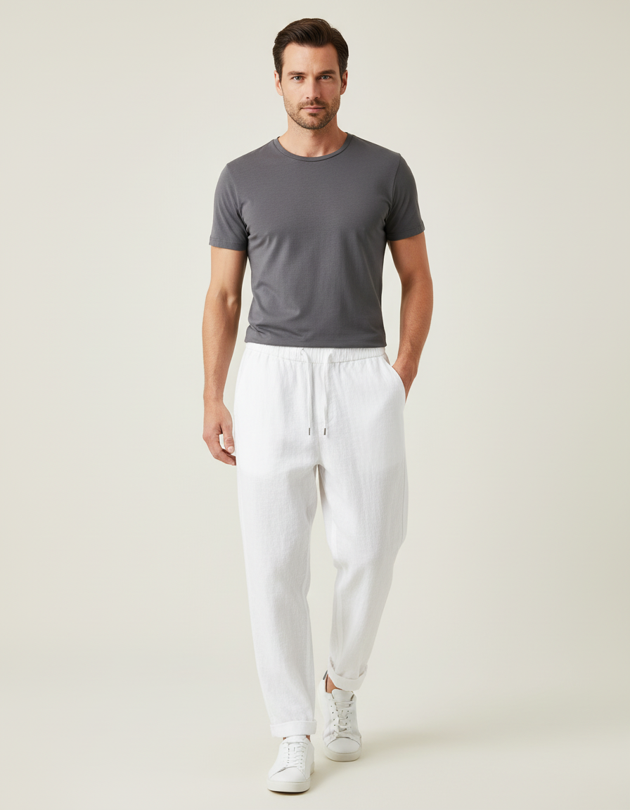 Pantalon Baggy Blanc Lin Cordon Décontracté Homme