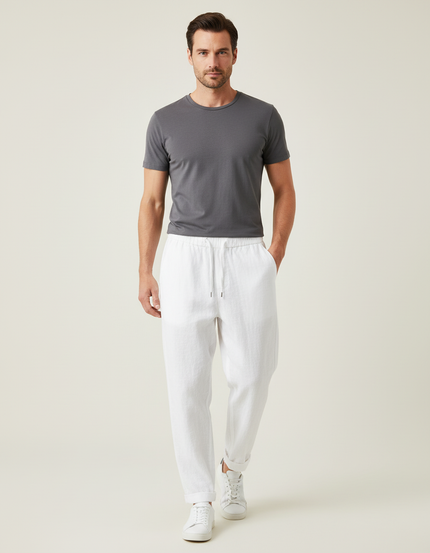 Pantalon Baggy Blanc Lin Cordon Décontracté Homme