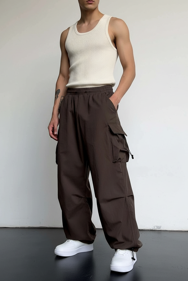 Pantalon Baggy Marron Ample Cargo Streetwear Homme - Polyester