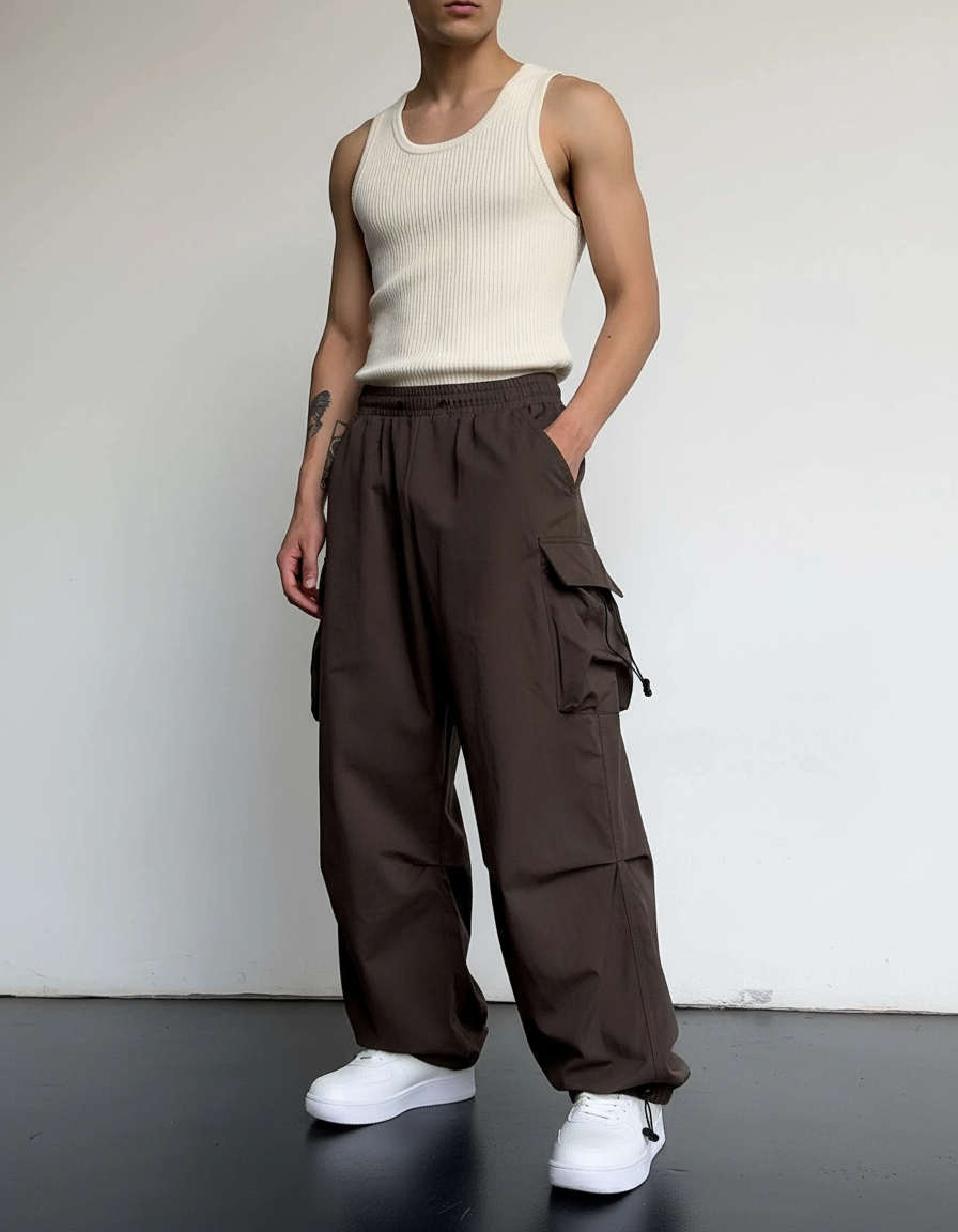 Pantalon Baggy Marron Ample Cargo Streetwear Homme - Polyester