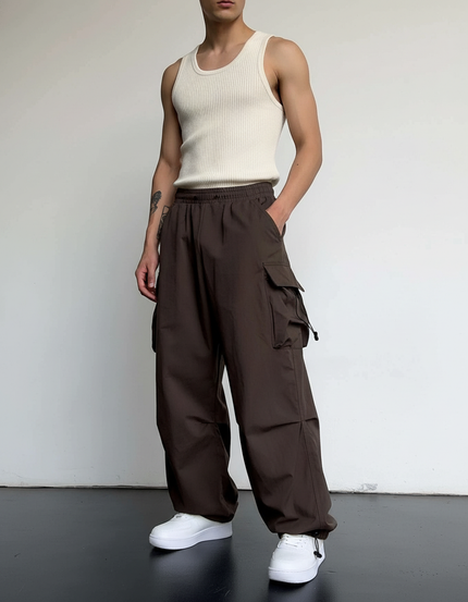 Pantalon Baggy Marron Ample Cargo Streetwear Homme - Polyester