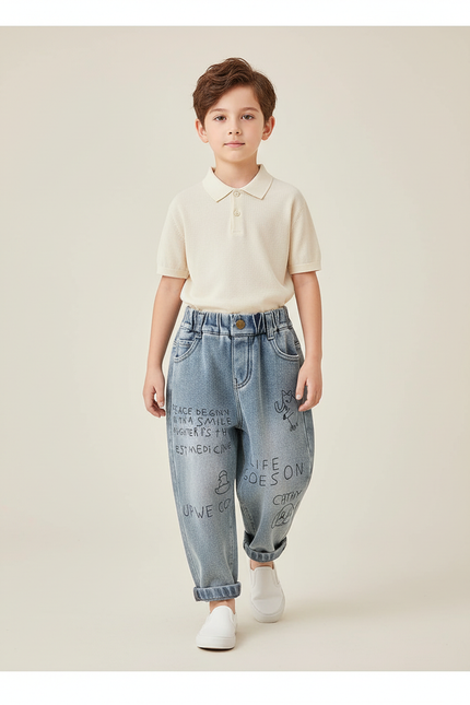 Pantalon Baggy Jean Bleu Ample Imprimé Garçon