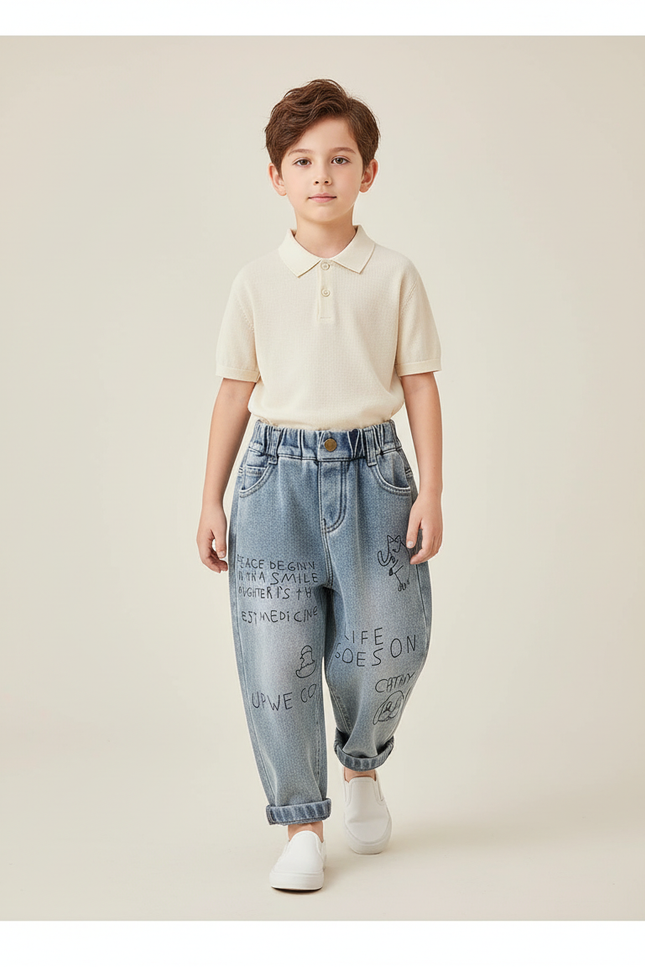 Pantalon Baggy Jean Bleu Ample Imprimé Garçon