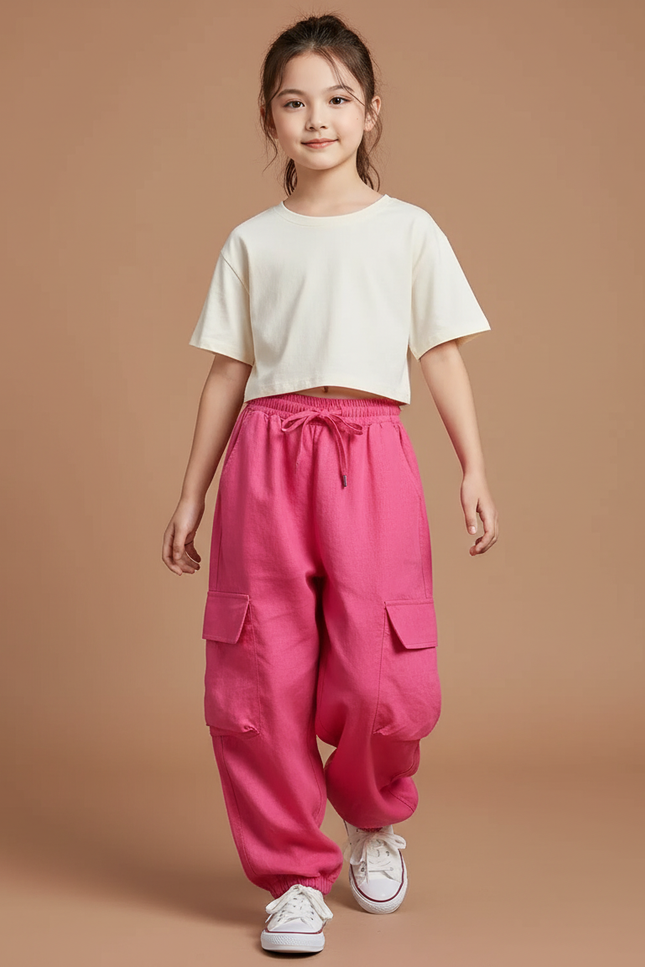Pantalon Baggy Rose Cargo Ample Cordon Enfant - Lin
