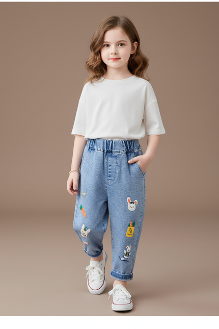 Pantalon Baggy Jean Bleu Brodé Lapin Fille