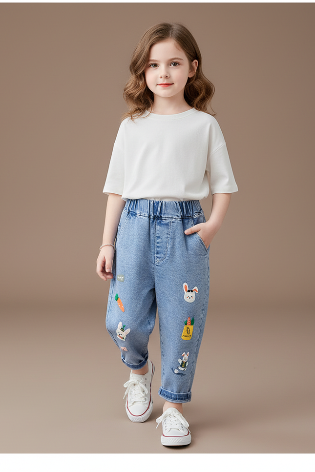 Pantalon Baggy Jean Bleu Brodé Lapin Fille