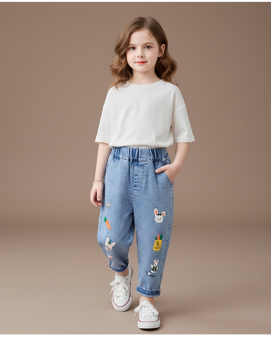Pantalon Baggy Jean Bleu Brodé Lapin Fille