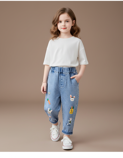 Pantalon Baggy Jean Bleu Brodé Lapin Fille