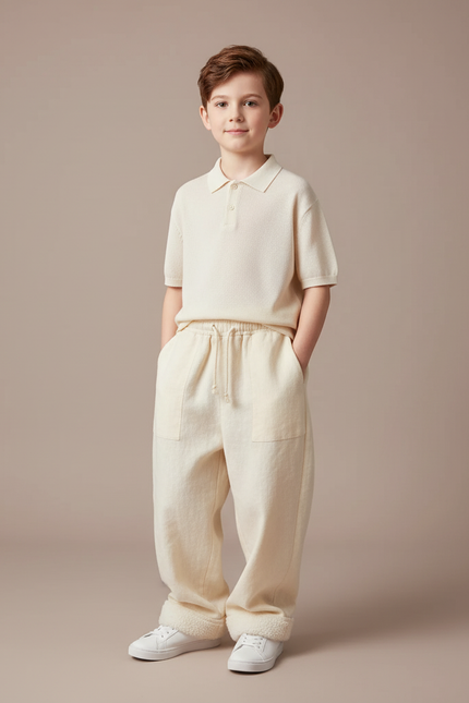 Pantalon Baggy Crème Ample Doublé Hiver Garçon - Beige Molleton