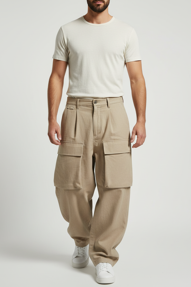 Pantalon Baggy Beige Ample Cargo Plissé Homme - Toile