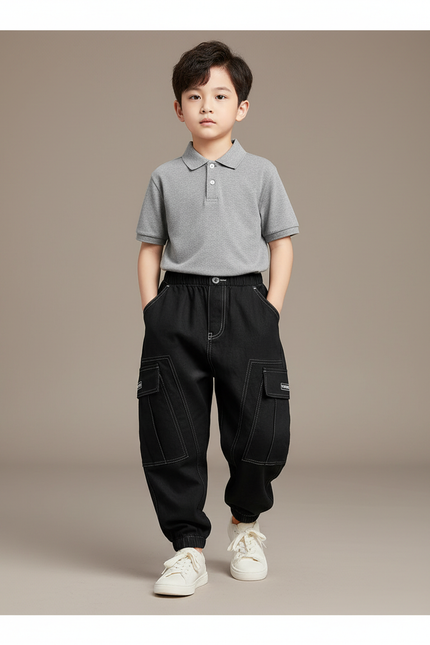 Pantalon Baggy Noir Cargo Décontracté Coton Garçon - Jean