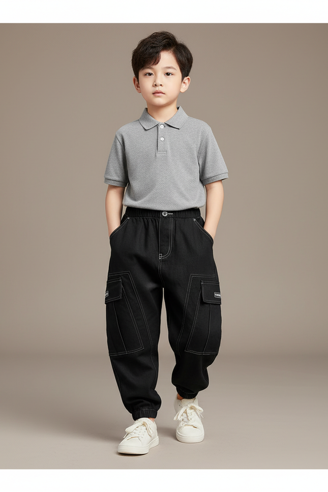 Pantalon Baggy Noir Cargo Décontracté Coton Garçon - Jean