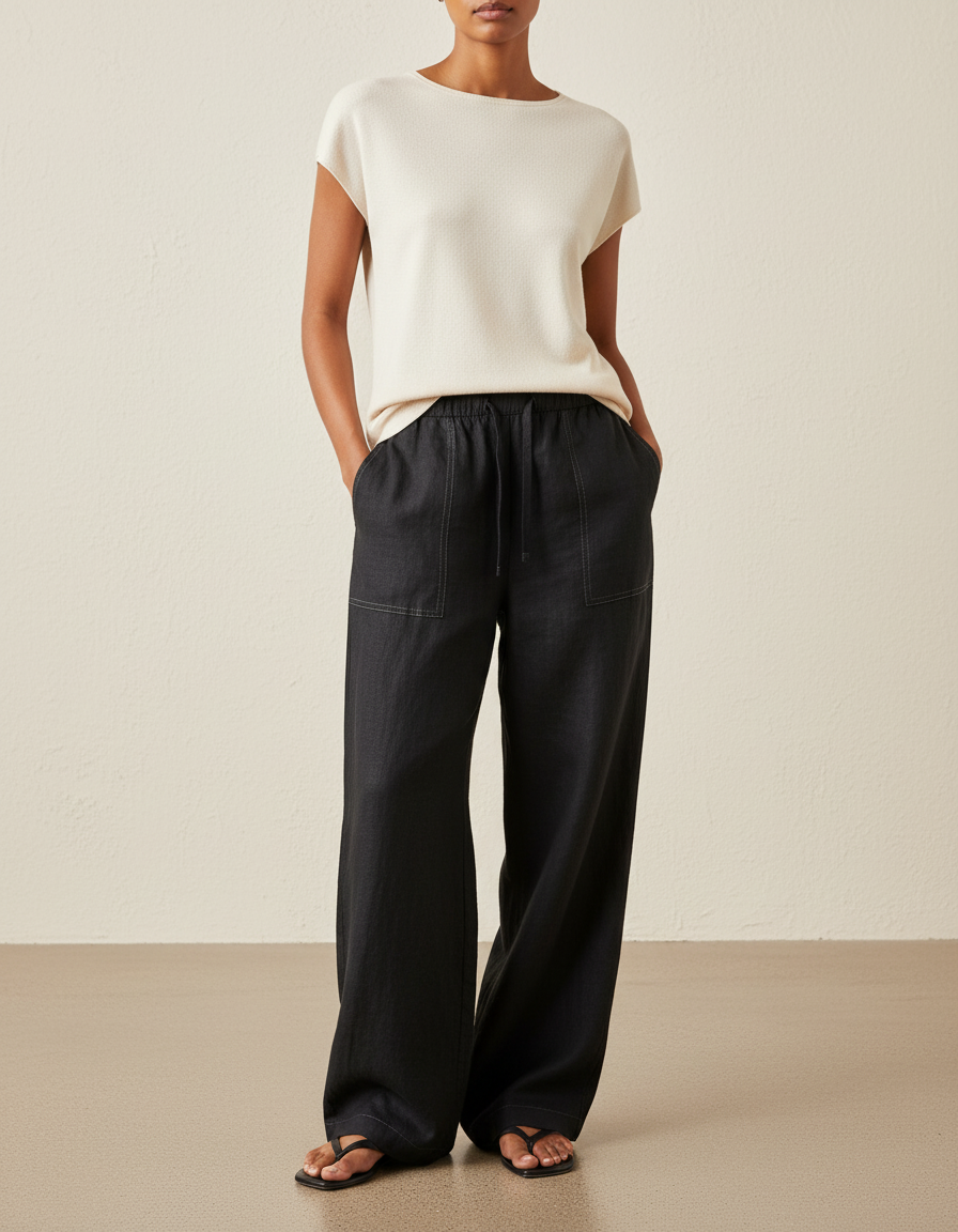 Pantalon Baggy Noir Lin Fluide Taille Haute